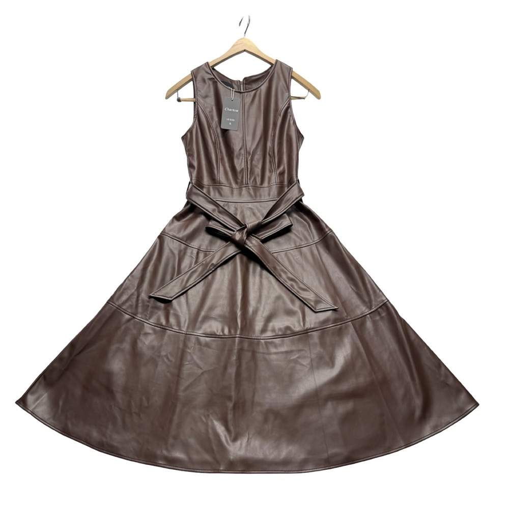 Faux Leather Belted Midi Dress‎ Chocolate Brown Sleeveless S